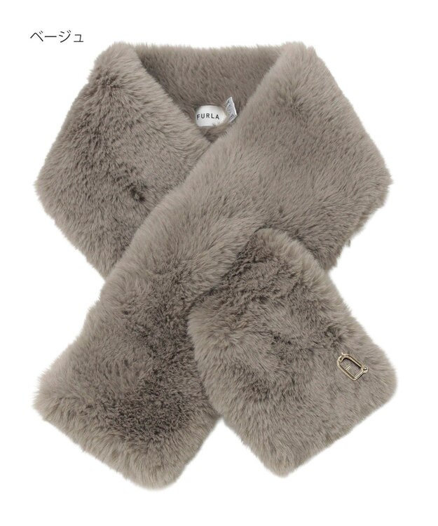MOONBAT FURLA（フルラ）ビッグ差し込みファーティペット  アーチロゴ フェイクファー ベージュ