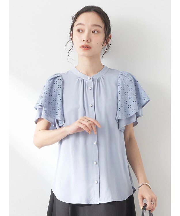 earth music&ecology レースラッフルブラウス Grayish Blue