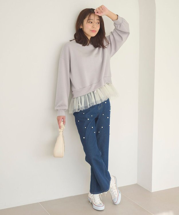 Feroux チュールコンビダンボール プルオーバー ライトグレー系