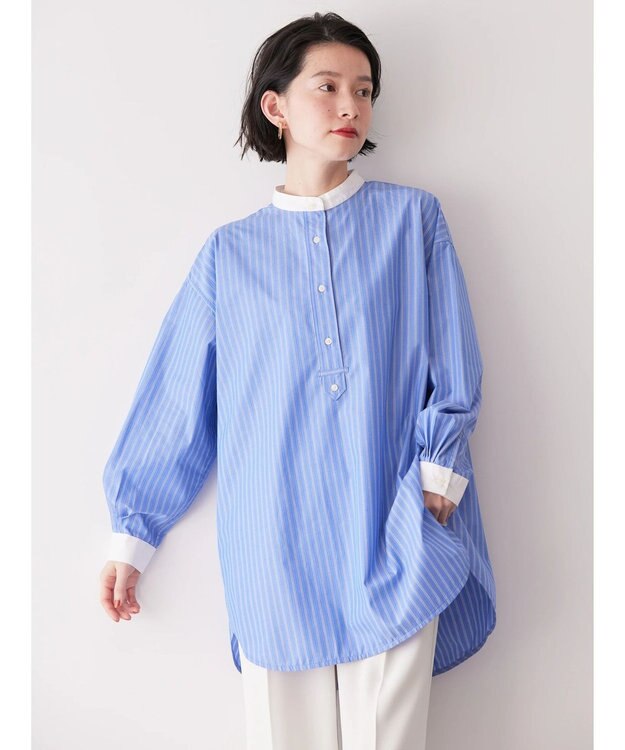 AMERICAN HOLIC イージーケアバンドカラーシャツチュニック Stripe