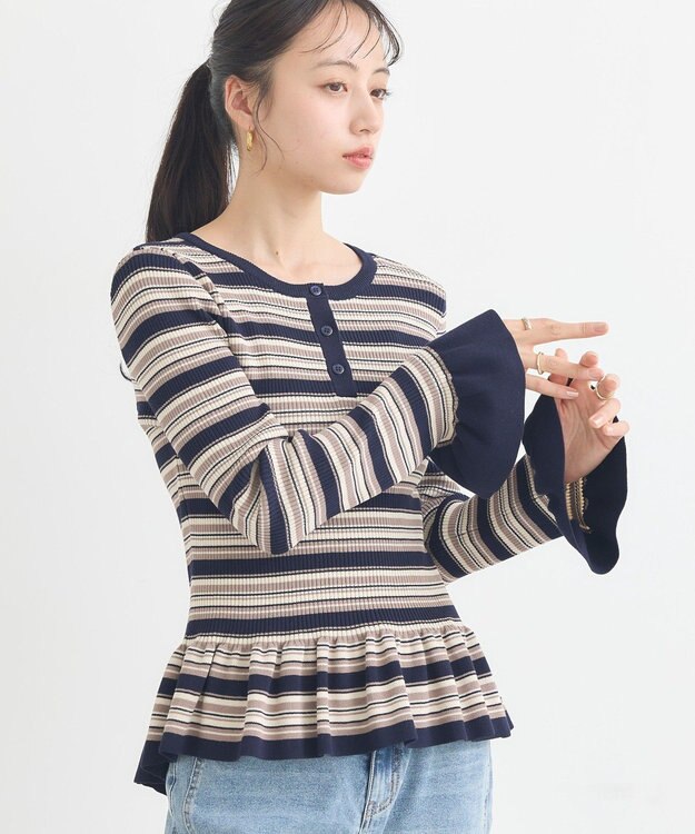 earth music&ecology ペプラムニットプルオーバー Border Navy