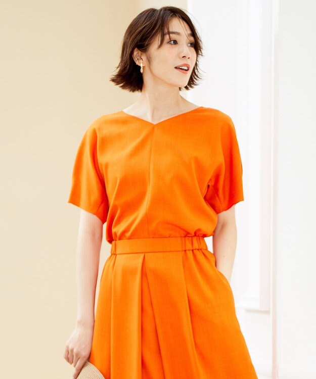 自由区 【接触冷感・速乾・UVカット・撥水・防シワ】リネンライクツイル プルオーバーブラウス オレンジ系