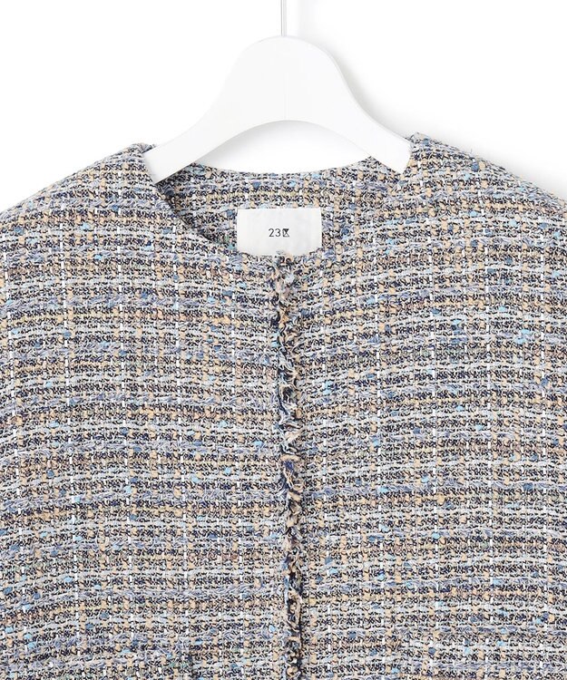 23区 GIOLICAツイード ノーカラー ジャケット ブルーミックス