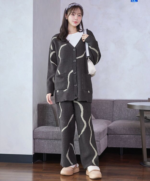 Tiaclasse ふわもちニュアンス配色ニットカーディガン チャコールグレー