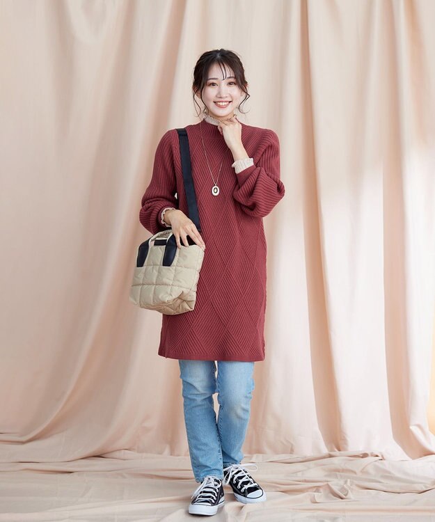 Tiaclasse L 【洗える】ダイヤ地柄ニットチュニック ピンク