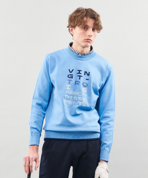 23区GOLF 【MEN】【ウォッシャブル】ロゴインターシャ ポリエステルニット スカイブルー系