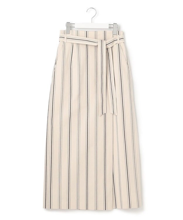 23区 S 【洗える】コットンリネンストライプ Iライン スカート ベージュ×ブラックストライプ