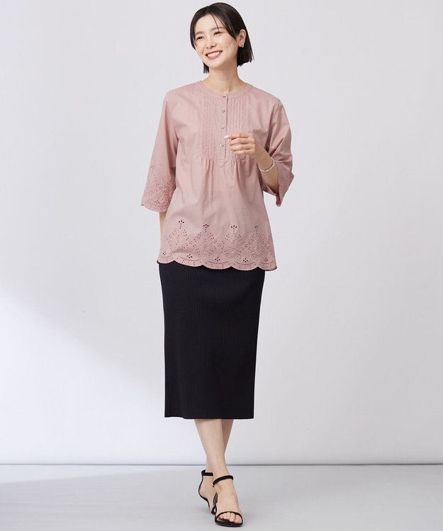 J.PRESS LADIES 【洗える】セルロースライト刺繍 ピンタック ブラウス ローズピンク系