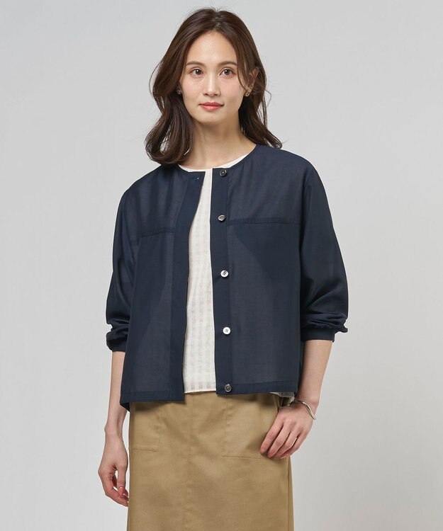 J.PRESS LADIES L Pe リネン シアー スラブ ノーカラー ブルゾン ネイビー系