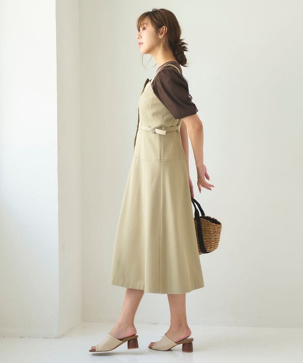 Feroux 【洗える】サイドベルト ジャンパースカート ベージュ系
