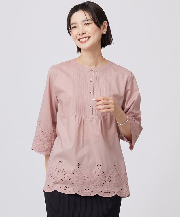 J.PRESS LADIES 【洗える】セルロースライト刺繍 ピンタック ブラウス ローズピンク系