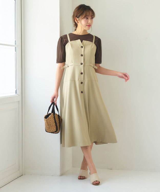 Feroux 【洗える】サイドベルト ジャンパースカート ベージュ系