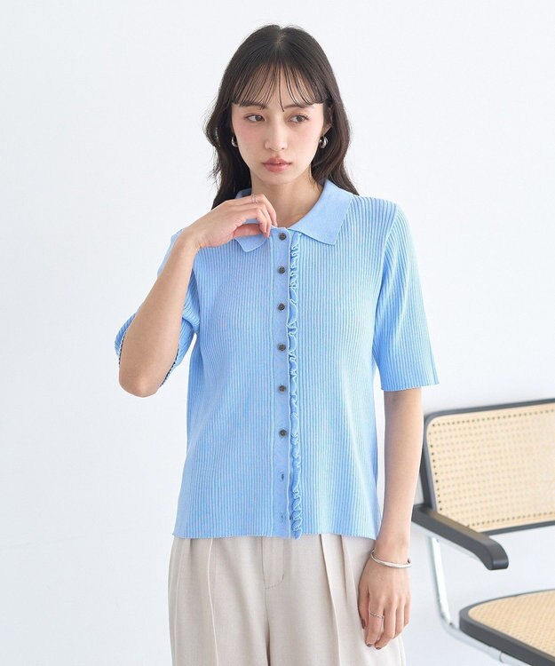 earth music&ecology ミニフリルポロカーディガン Blue