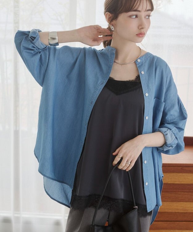 WEGO 【ANGIE VINTAGE】シアーデニムバンドカラーシャツ ブルー