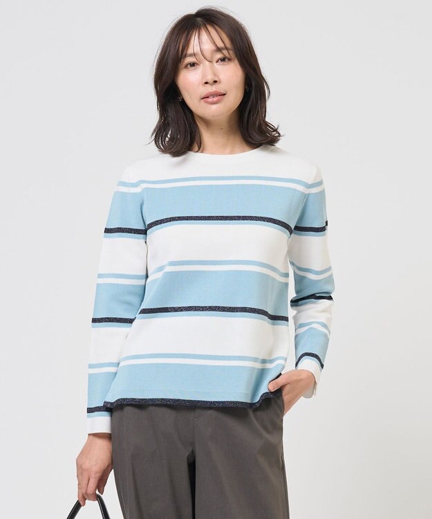 J.PRESS LADIES Cotton Acetate ブロッキング ボーダー ニット アクア×ネイビー系