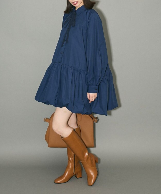 Green Parks ボウタイリボン付裾バルーンシャツワンピースⅡ Navy