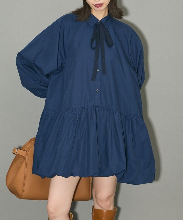 Green Parks ボウタイリボン付裾バルーンシャツワンピースⅡ Navy