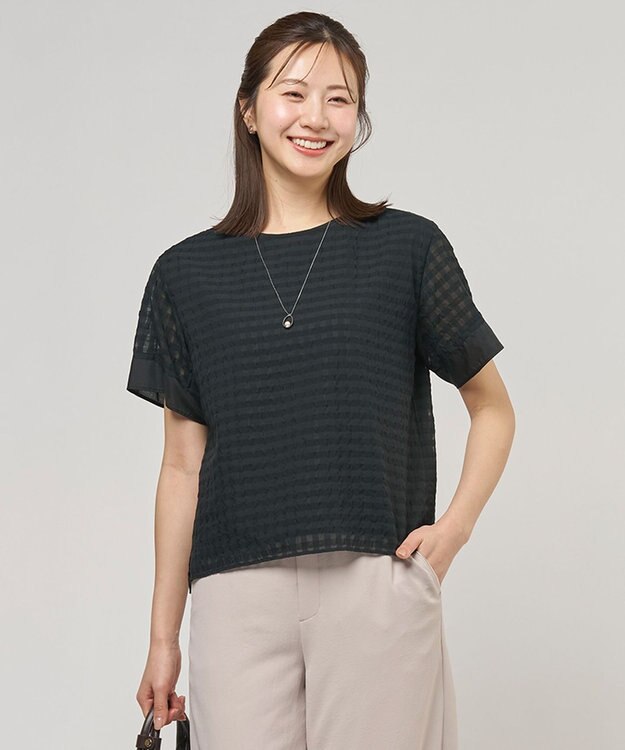 J.PRESS LADIES 【一枚で着映え】シアーギンガム クルーネック カットソー ブラック系