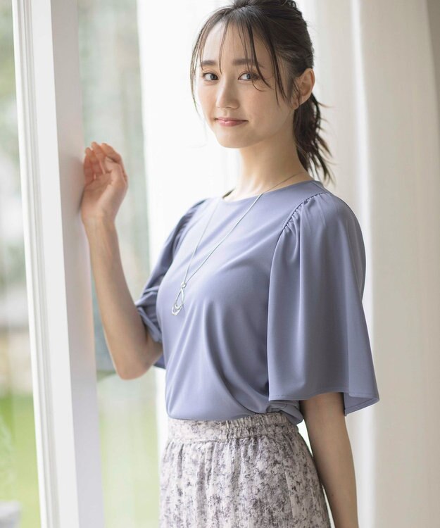 ANY SIS 【接触冷感・吸水速乾・UVケア】エアリードレープスムース フレア袖 ブラウス ブルー