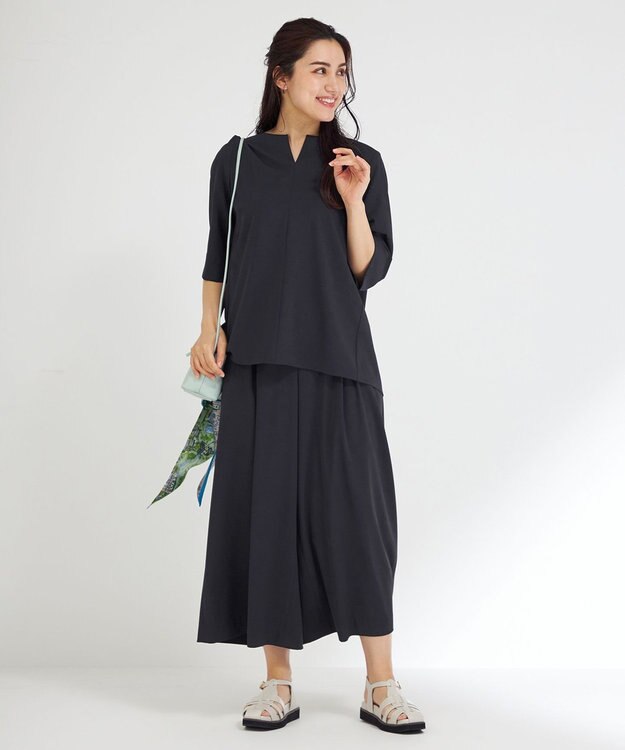 23区 L 【Lサイズ限定/洗える】ハイストレッチツイル ブラウス ネイビー系