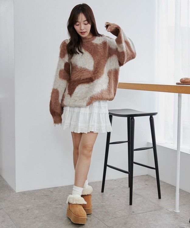 WEGO 【ユニセックス着用ITEM】マーブルシャギーニットプルオーバー ベージュ