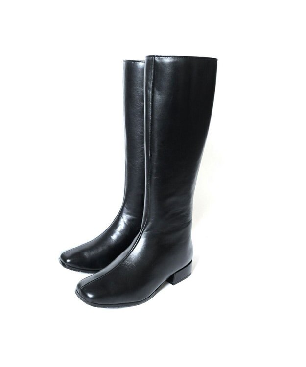 Pointer 本革ローヒール スクエアトゥロングブーツ ブラック