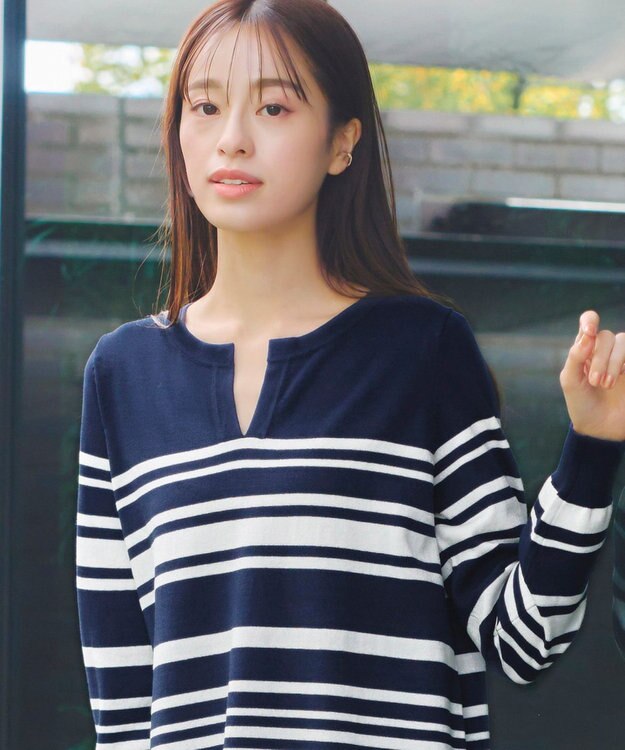 Tiaclasse 【洗える】キーネックボーダーニットチュニック ネイビー×オフホワイト