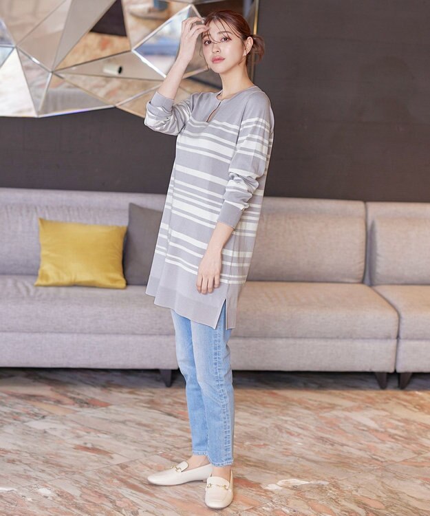 Tiaclasse 【洗える】キーネックボーダーニットチュニック ラベンダー×オフホワイト