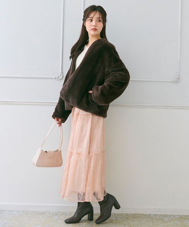 Feroux ニット×ティアードレース スカート アイボリー系