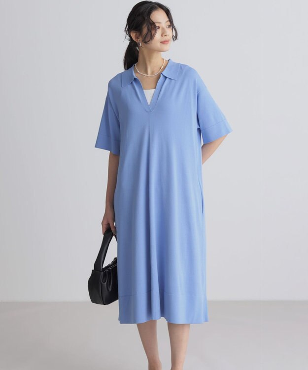 組曲 クリアストレッチスキッパーニット ワンピース ブルー系