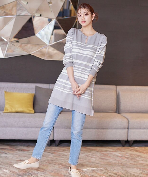 Tiaclasse 【洗える】キーネックボーダーニットチュニック ラベンダー×オフホワイト