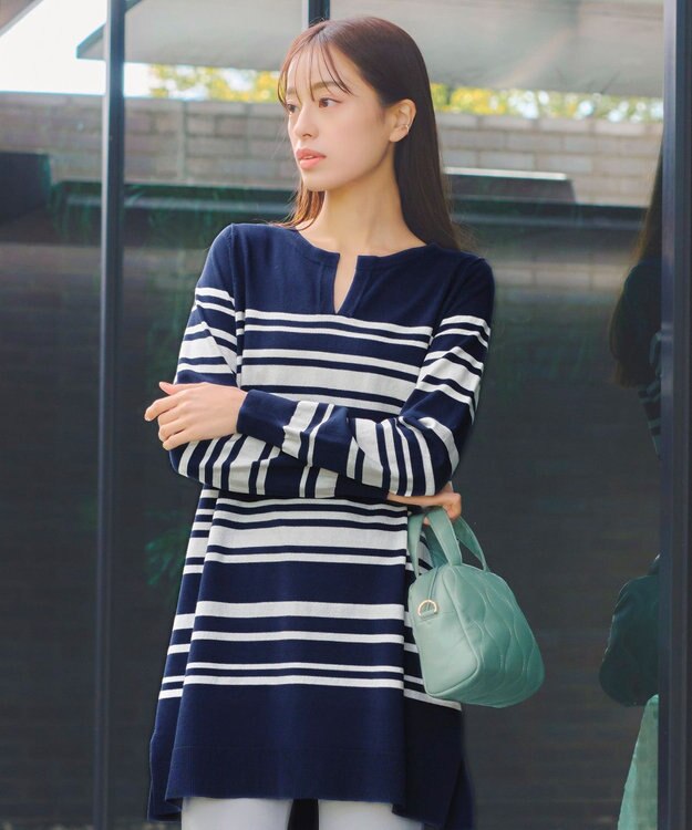 Tiaclasse 【洗える】キーネックボーダーニットチュニック ネイビー×オフホワイト