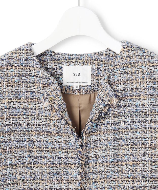 23区 GIOLICAツイード ノーカラー ジャケット ブルーミックス