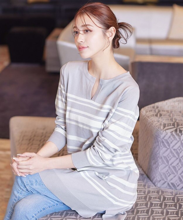 Tiaclasse 【洗える】キーネックボーダーニットチュニック ラベンダー×オフホワイト