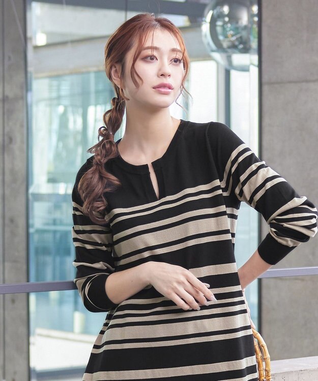 Tiaclasse 【洗える】キーネックボーダーニットチュニック ブラック×ベージュ