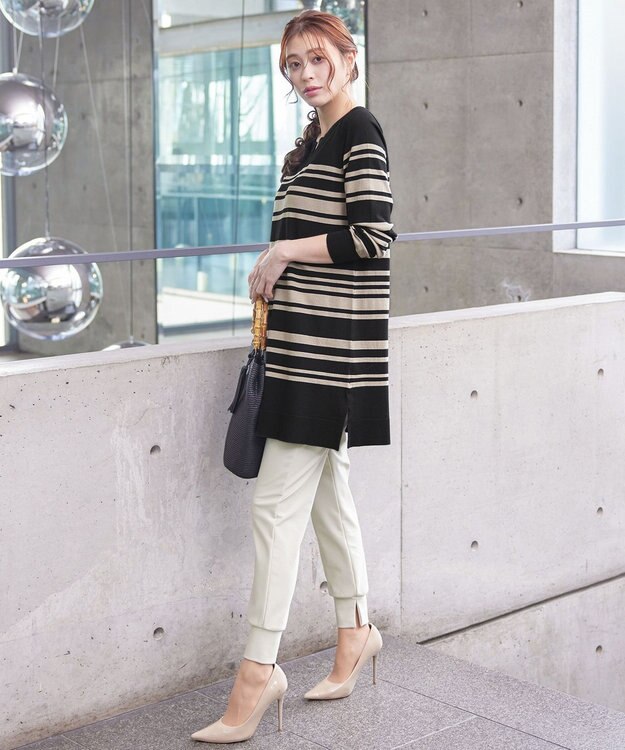 Tiaclasse 【洗える】キーネックボーダーニットチュニック ブラック×ベージュ