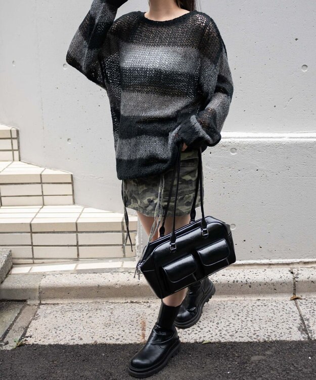 WEGO ボーダーモヘアタッチメッシュニットプルオーバー グレー