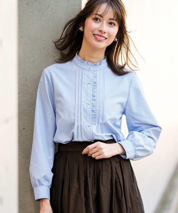 ANY SIS フリルスタンド シャツ ブルーストライプ