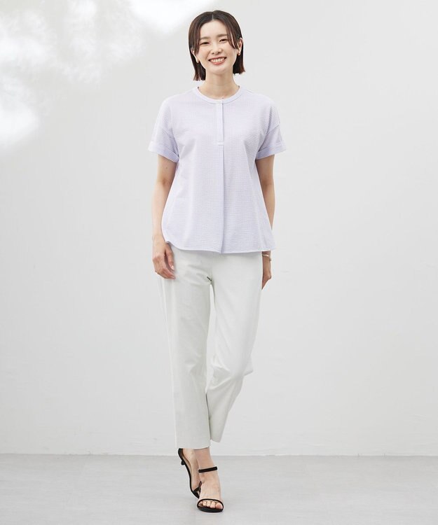 J.PRESS LADIES L 【洗える・抗菌防臭・吸水速乾】サッカージャージー フレンチスリーブ カットソー オフ×ラベンダー系