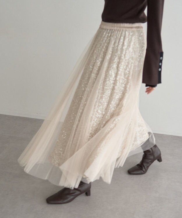 YECCA VECCA スパンコール×チュールスカート Ivory