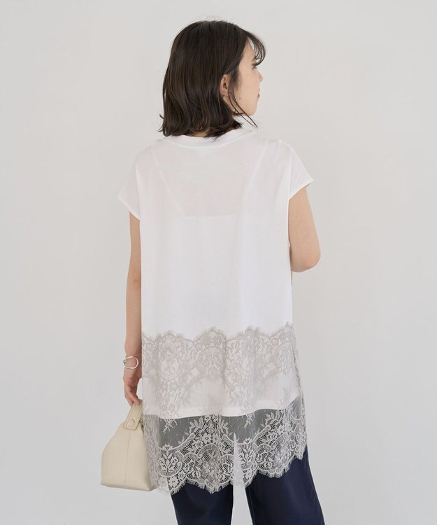 Green Parks フレンチスリーブ裾レースロゴチュニック Off White