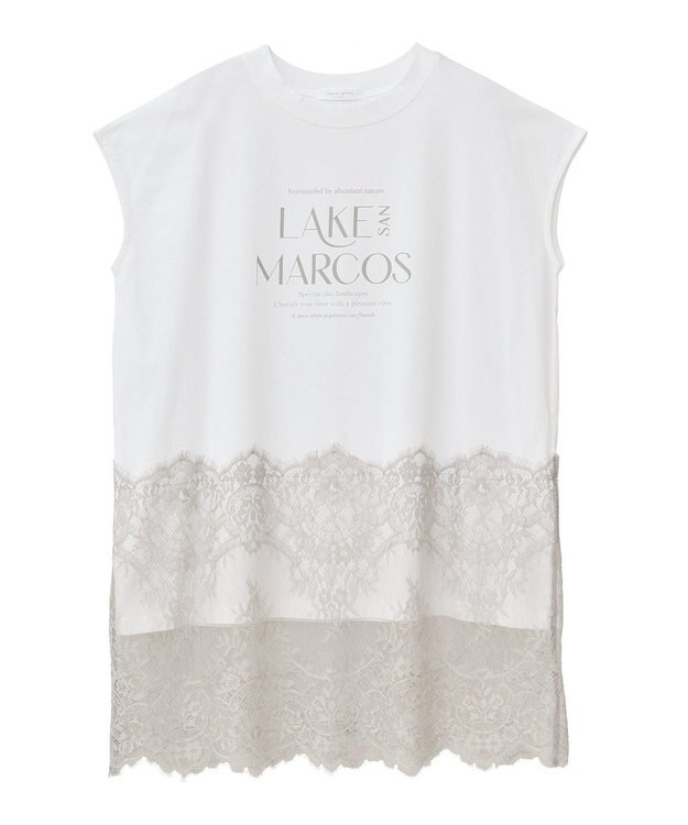 Green Parks フレンチスリーブ裾レースロゴチュニック Off White