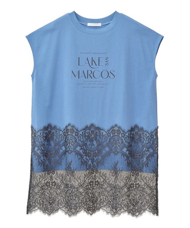 Green Parks フレンチスリーブ裾レースロゴチュニック Blue