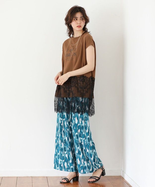 Green Parks フレンチスリーブ裾レースロゴチュニック Brown