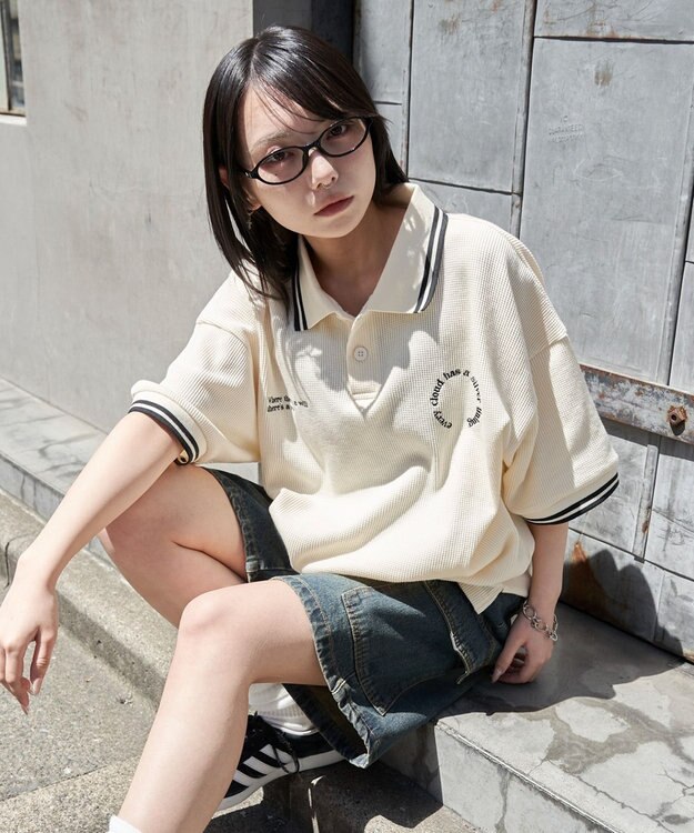 WEGO 【ユニセックス着用ITEM/MLサイズ展開】ワッフルラインポロ オフホワイト