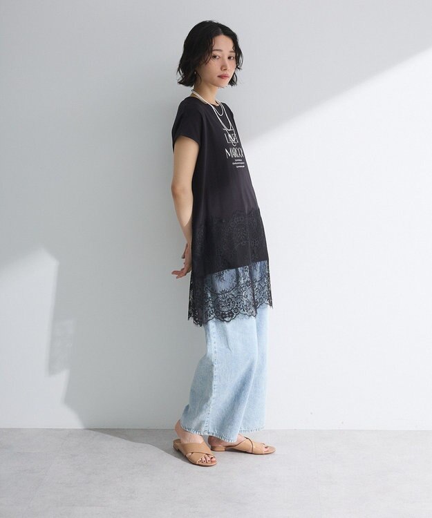 Green Parks フレンチスリーブ裾レースロゴチュニック Black