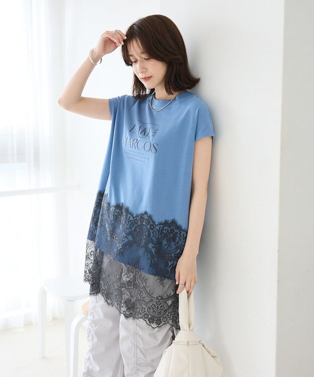 Green Parks フレンチスリーブ裾レースロゴチュニック Blue