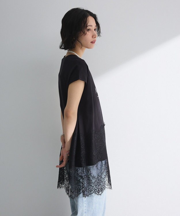 Green Parks フレンチスリーブ裾レースロゴチュニック Black