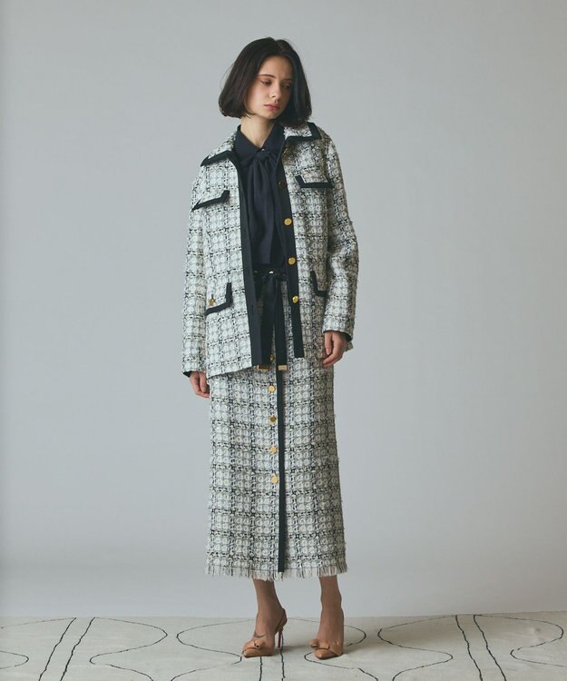 GRACE CONTINENTAL トリミングツイードショートコート ホワイト