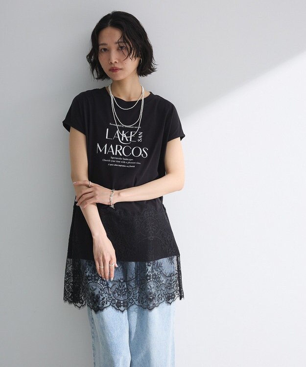 Green Parks フレンチスリーブ裾レースロゴチュニック Black